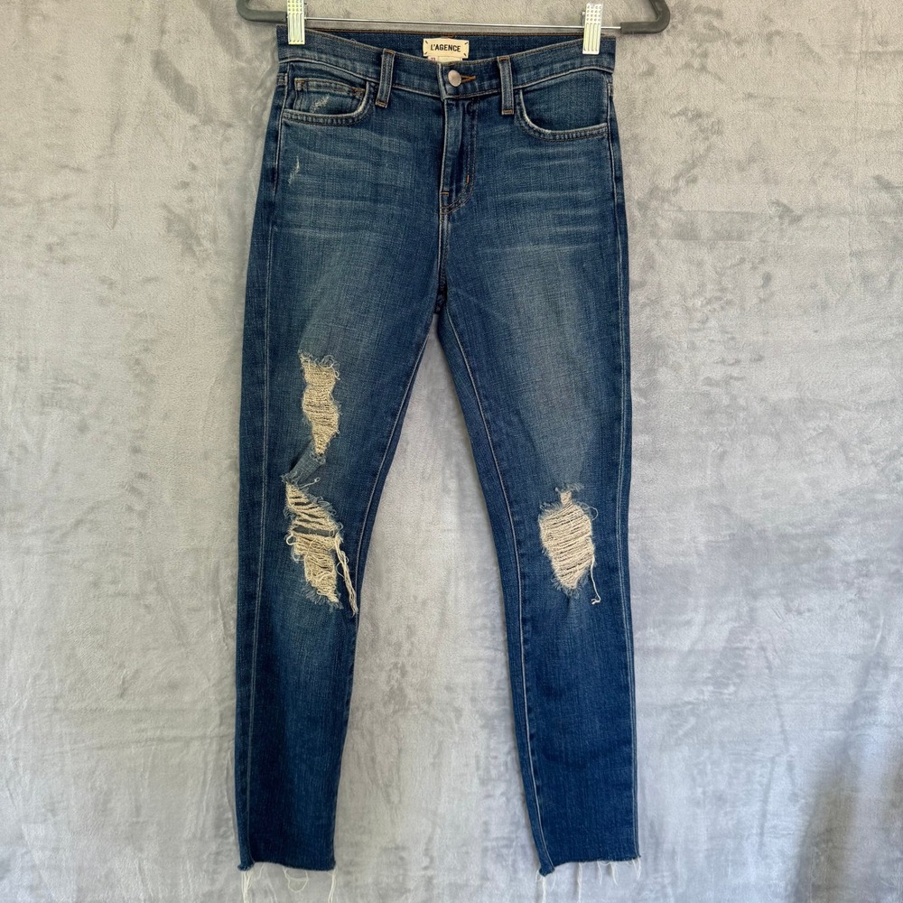 L'AGENCE Marcelle Slim High Rise Distressed Jeans Medium‎ Wash Raw Hem Size 23